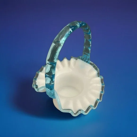 Fenton Basket Aqua Blue Crest Milk Glass‎ Ruffle Edge Bamboo Handle Top Hat VTG - Picture 2 of 13
